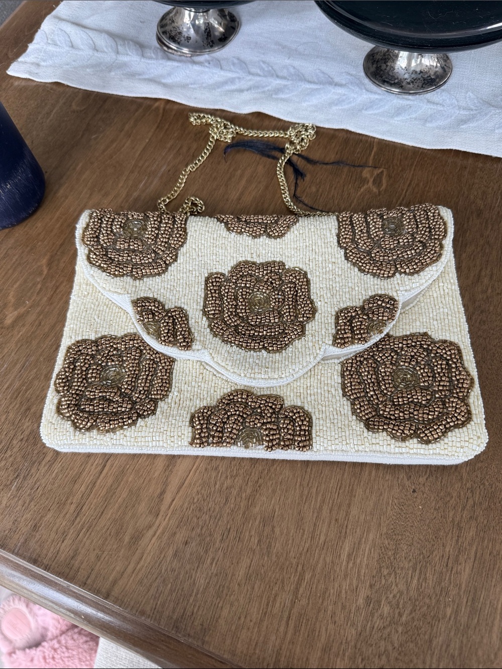 Lulu's Cream Beaded Floral Envelope Shoulder Bag with Gold Accents